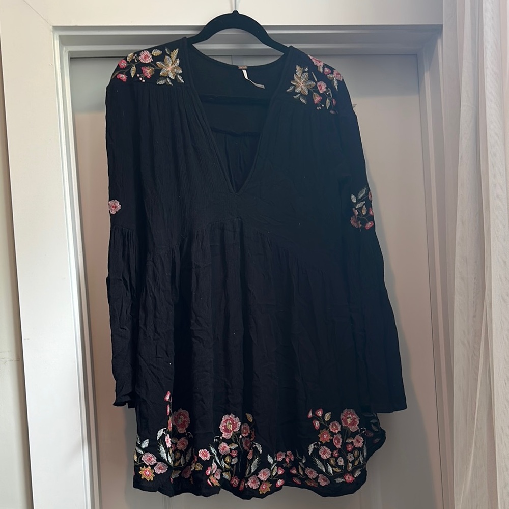 Black Floral Embroidered Baby Doll Dress